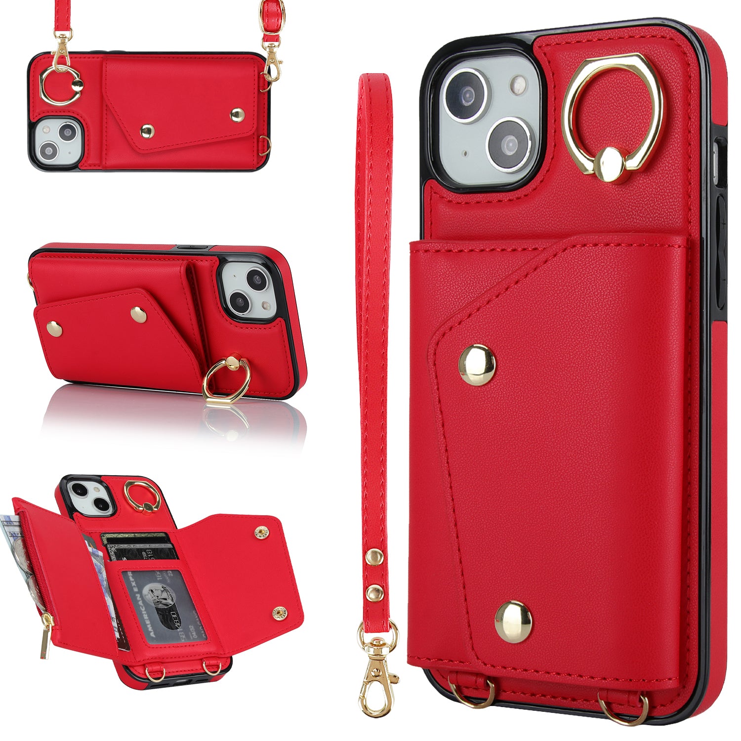 Zipper Wallet Leather Coated TPU Phone Case for iPhone 14 Ring Holder Kickstand Phone Cover
