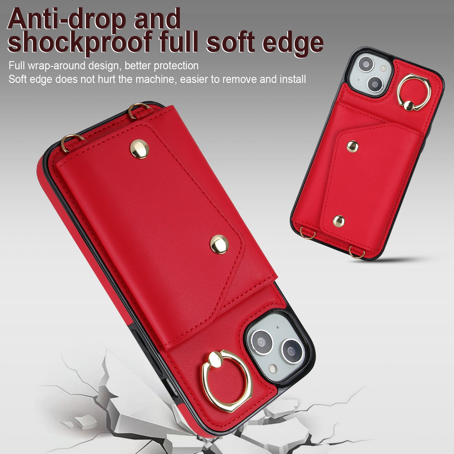 Zipper Wallet Leather Coated TPU Phone Case for iPhone 14 Ring Holder Kickstand Phone Cover