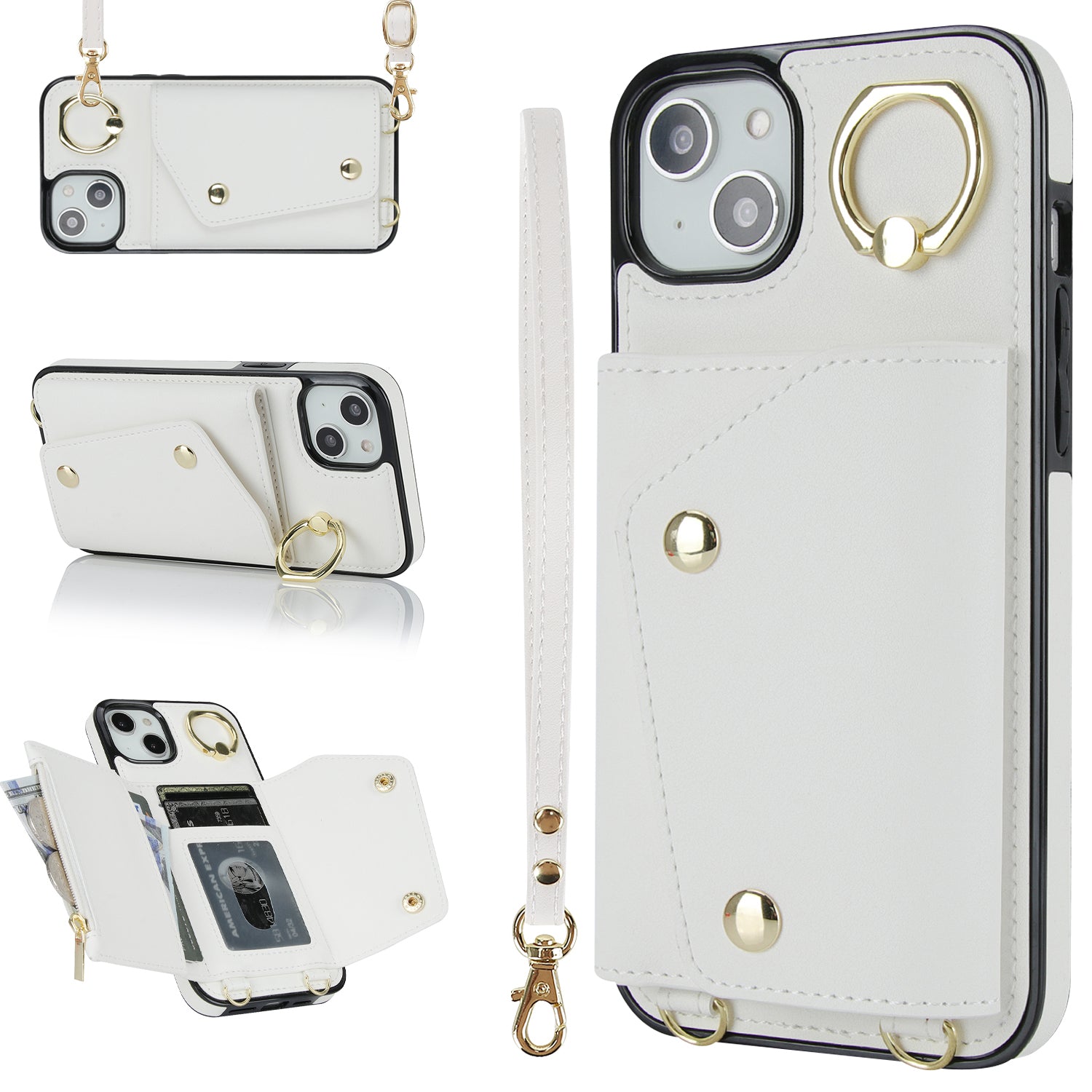 Zipper Wallet Leather Coated TPU Phone Case for iPhone 14 Ring Holder Kickstand Phone Cover