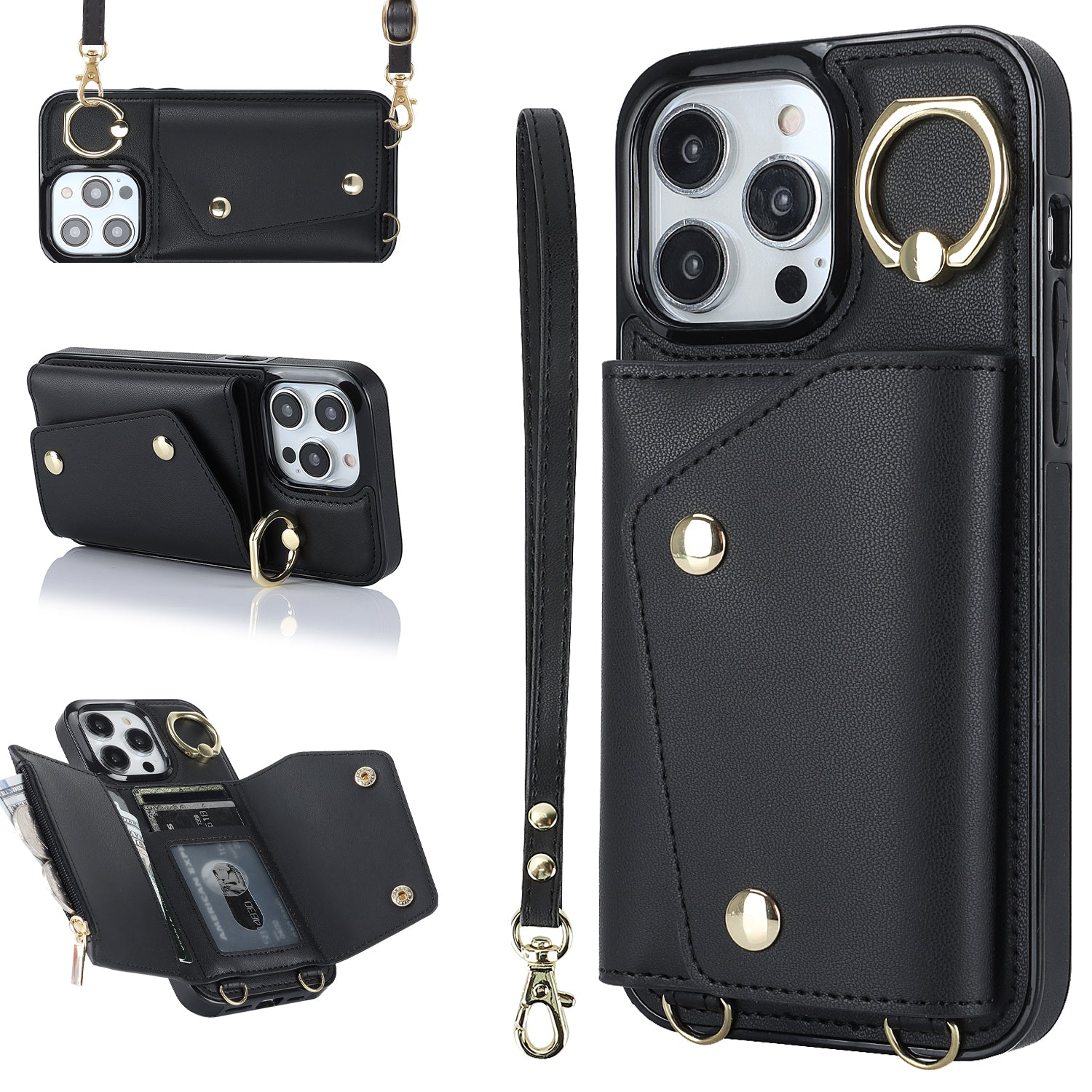 Zipper Wallet Ring Kickstand Phone Case for iPhone 14 Pro , PU Leather Coated TPU Crossbody Phone Cover