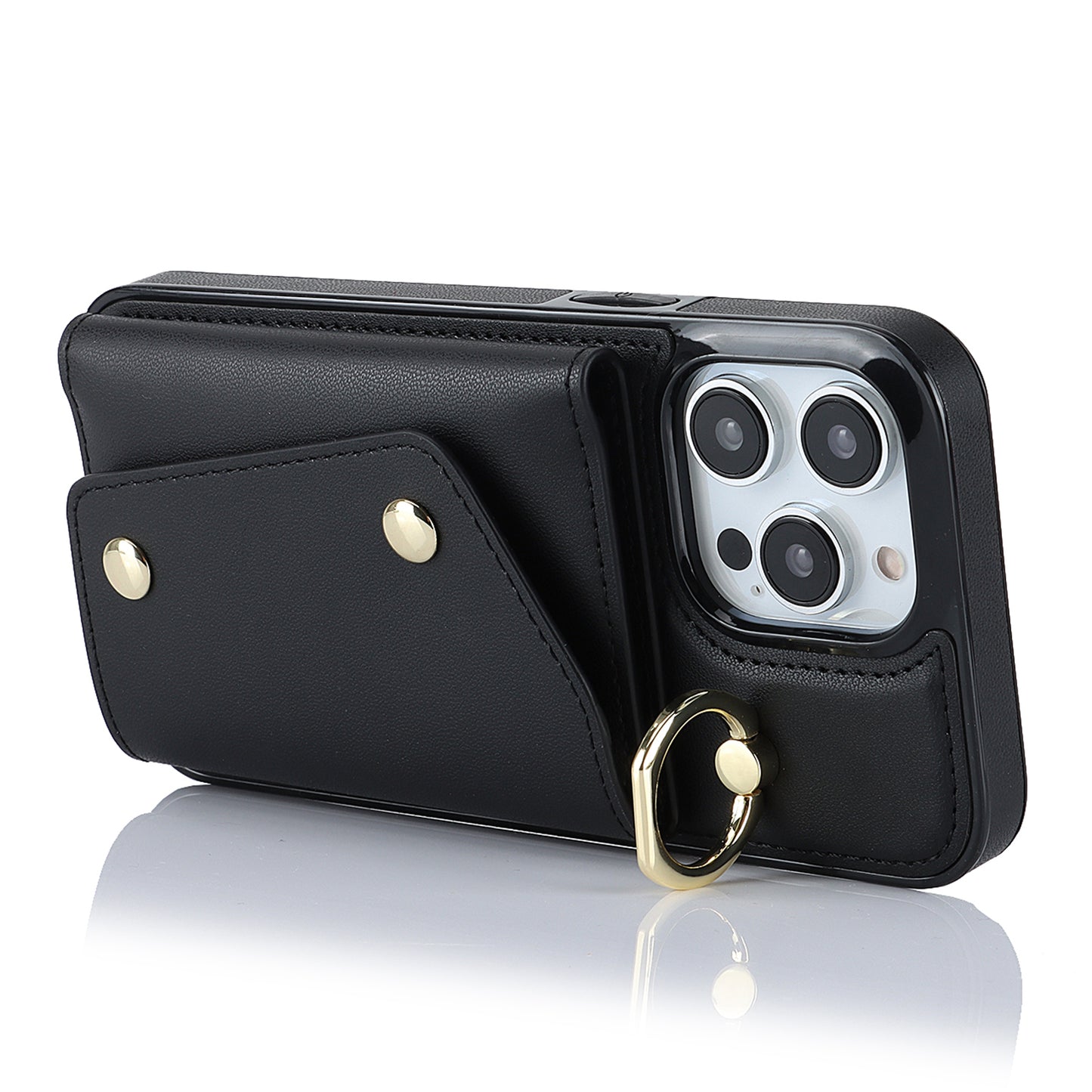 Zipper Wallet Ring Kickstand Phone Case for iPhone 14 Pro , PU Leather Coated TPU Crossbody Phone Cover