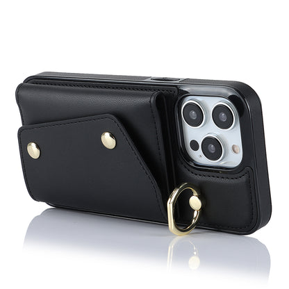 Zipper Wallet Ring Kickstand Phone Case for iPhone 14 Pro , PU Leather Coated TPU Crossbody Phone Cover