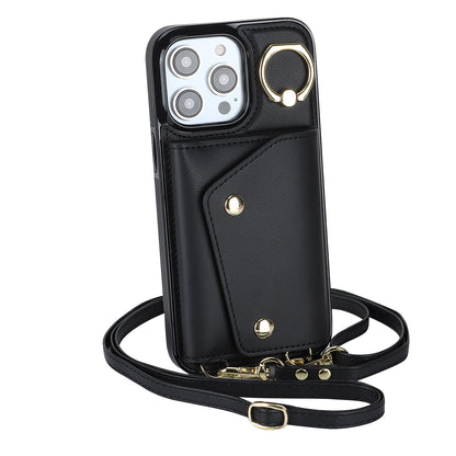 Zipper Wallet Ring Kickstand Phone Case for iPhone 14 Pro , PU Leather Coated TPU Crossbody Phone Cover