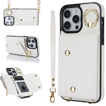 Zipper Wallet Ring Kickstand Phone Case for iPhone 14 Pro , PU Leather Coated TPU Crossbody Phone Cover