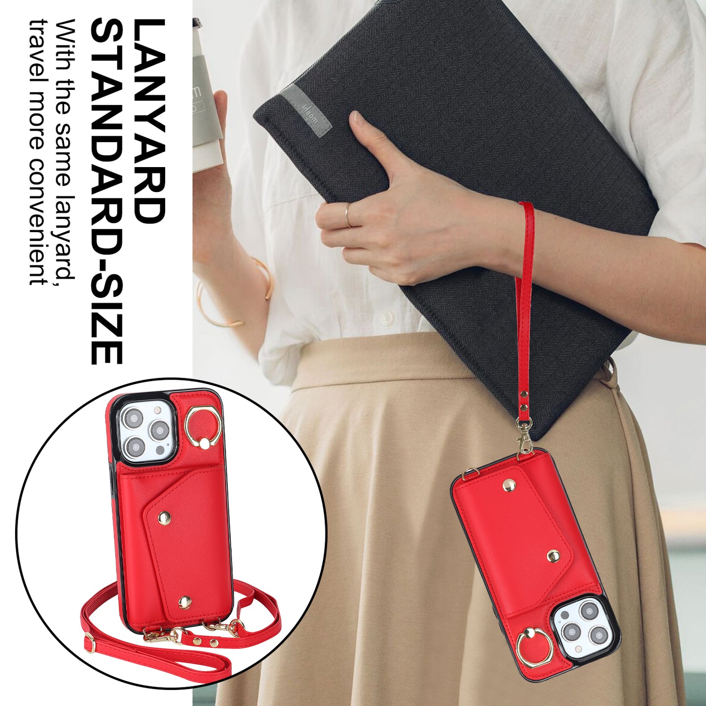 Zipper Wallet Ring Kickstand Phone Case for iPhone 14 Pro , PU Leather Coated TPU Crossbody Phone Cover