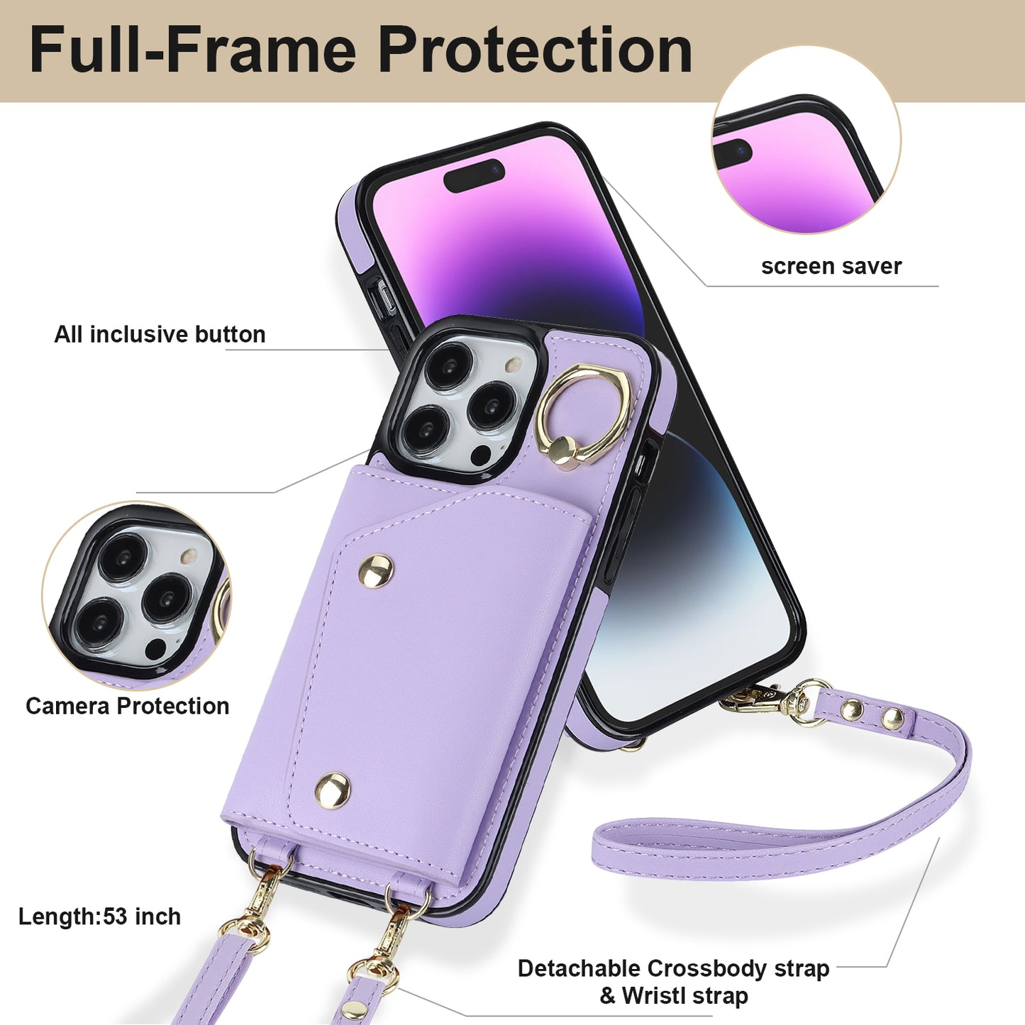 Zipper Wallet Ring Kickstand Phone Case for iPhone 14 Pro , PU Leather Coated TPU Crossbody Phone Cover