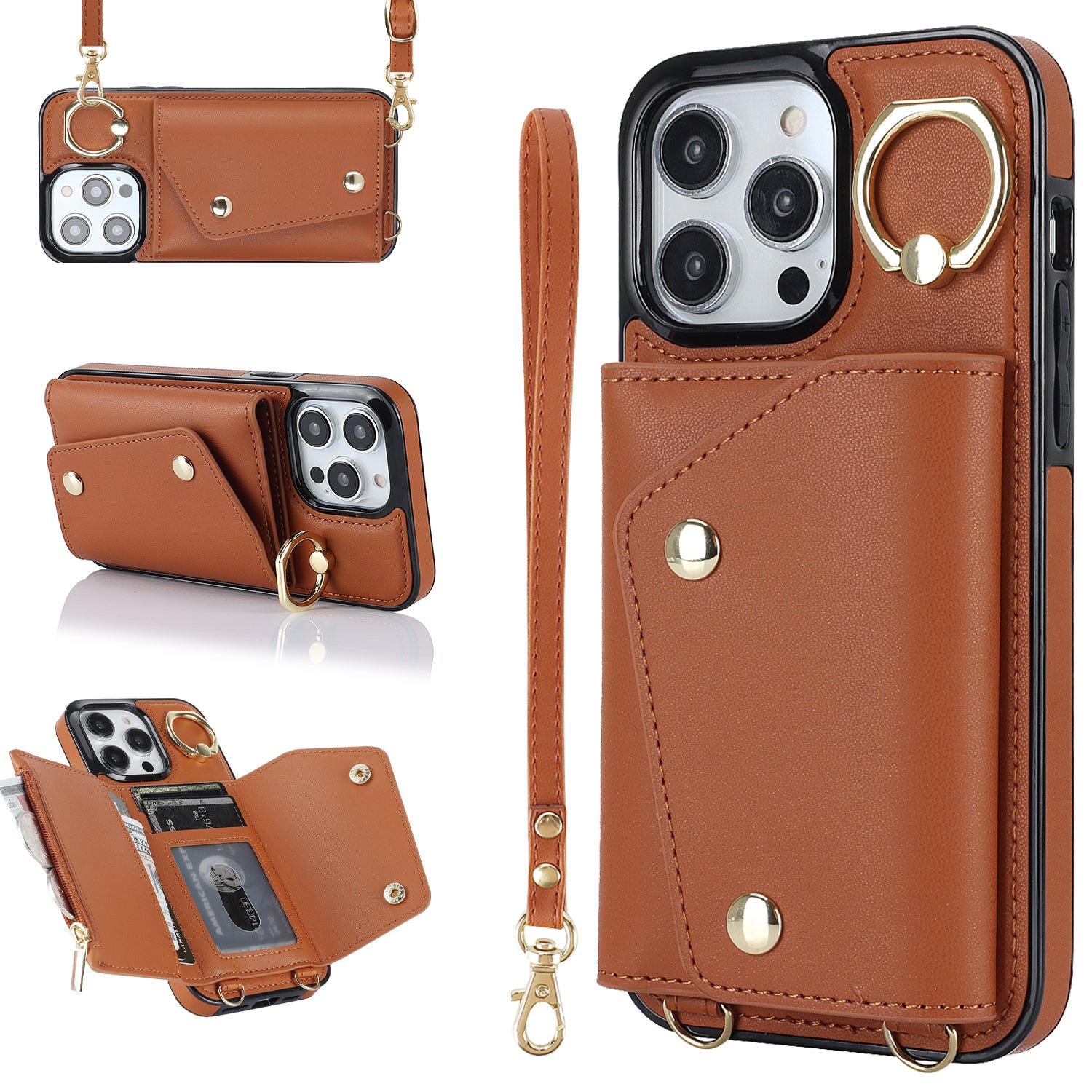 Zipper Wallet Ring Kickstand Phone Case for iPhone 14 Pro , PU Leather Coated TPU Crossbody Phone Cover