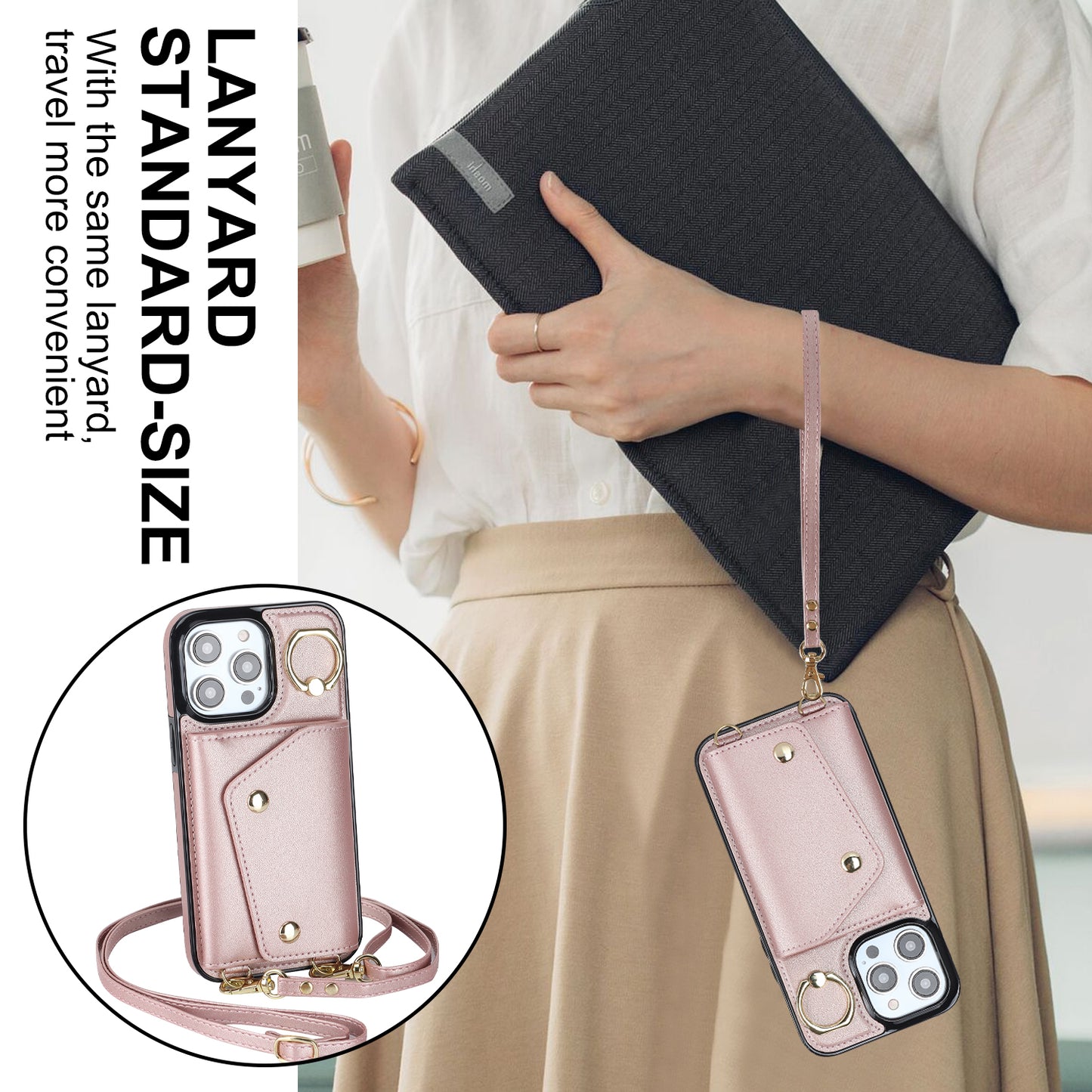 For iPhone 13 Pro Zipper Wallet Phone Cover PU Leather Coated TPU Phone Case with Ring Holder Kickstand