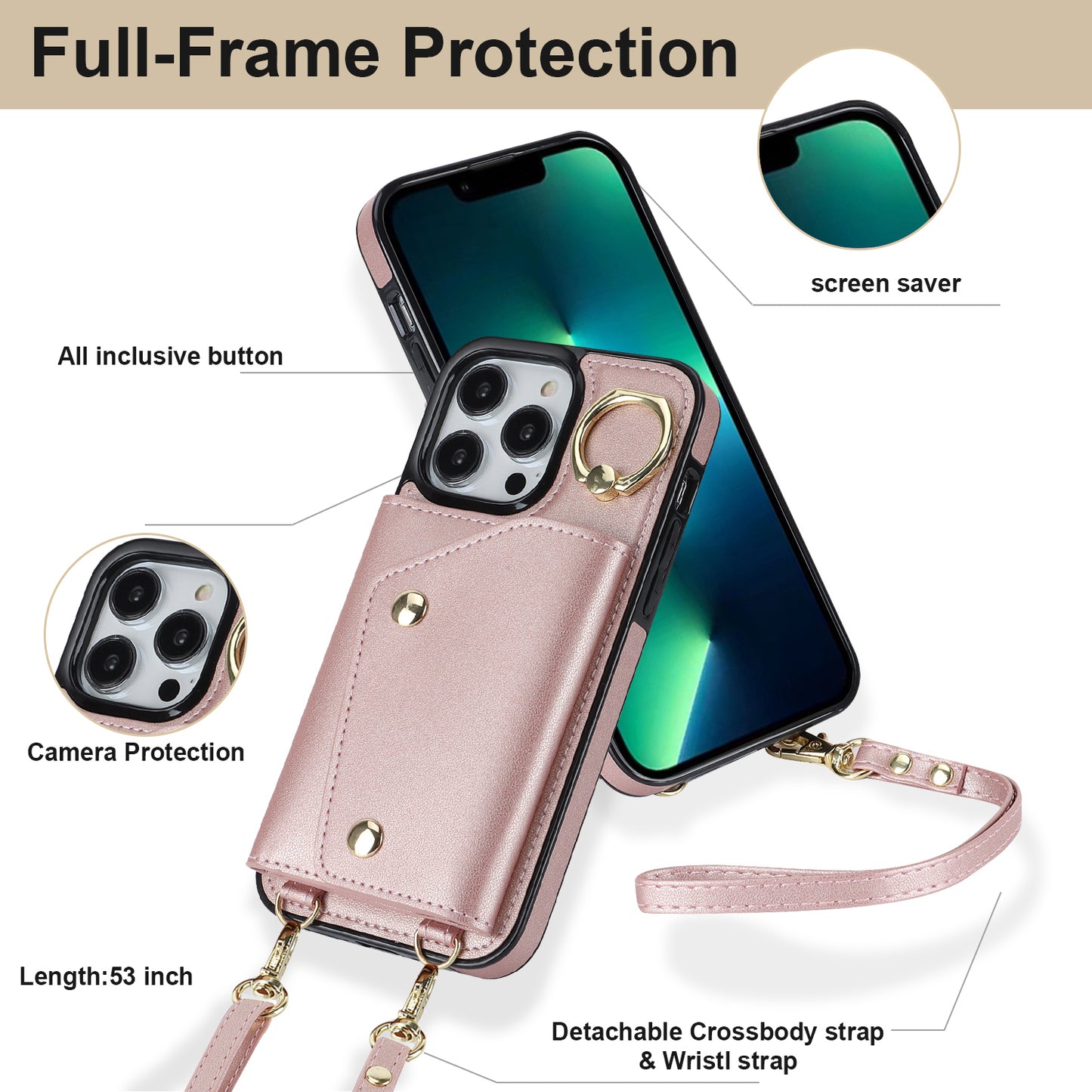 For iPhone 13 Pro Zipper Wallet Phone Cover PU Leather Coated TPU Phone Case with Ring Holder Kickstand