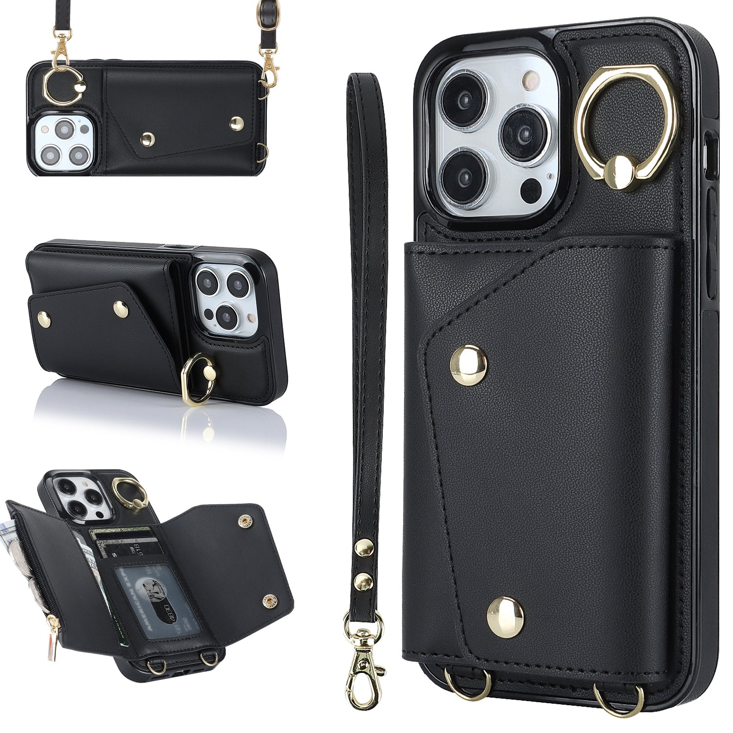 For iPhone 13 Pro Zipper Wallet Phone Cover PU Leather Coated TPU Phone Case with Ring Holder Kickstand