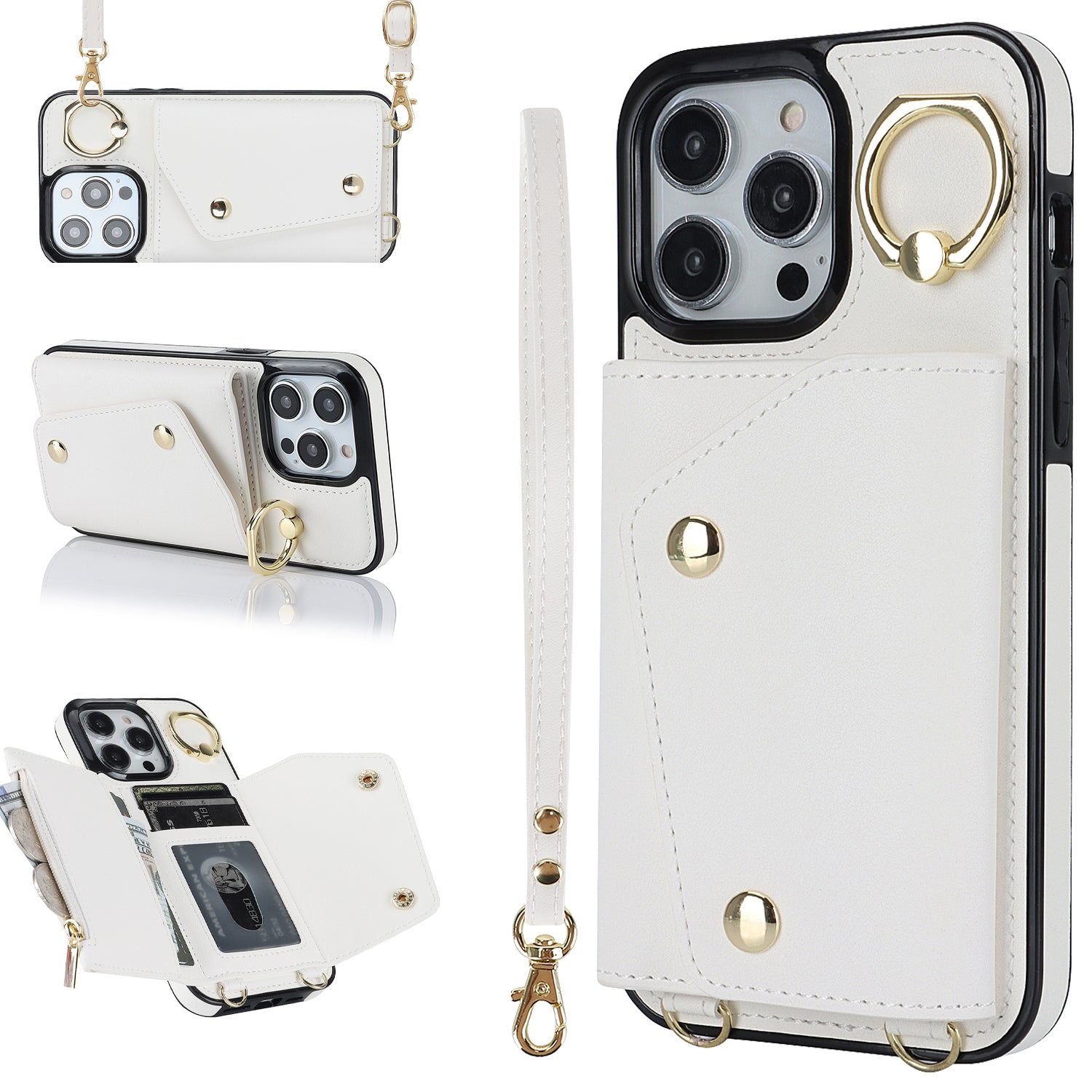 For iPhone 13 Pro Zipper Wallet Phone Cover PU Leather Coated TPU Phone Case with Ring Holder Kickstand