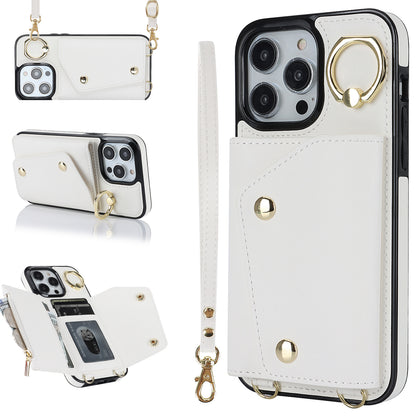 For iPhone 13 Pro Zipper Wallet Phone Cover PU Leather Coated TPU Phone Case with Ring Holder Kickstand