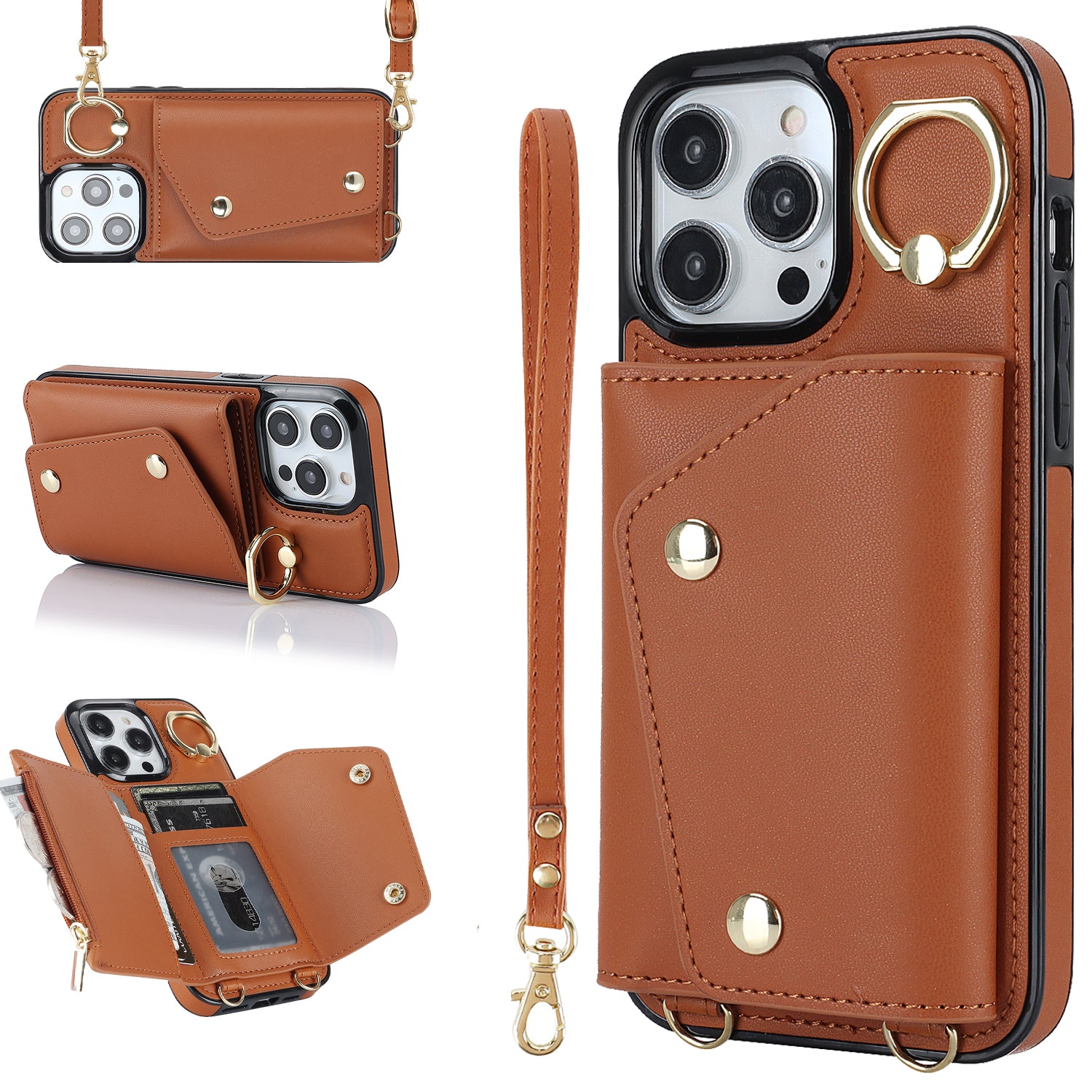For iPhone 13 Pro Zipper Wallet Phone Cover PU Leather Coated TPU Phone Case with Ring Holder Kickstand
