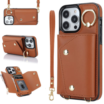 For iPhone 13 Pro Zipper Wallet Phone Cover PU Leather Coated TPU Phone Case with Ring Holder Kickstand