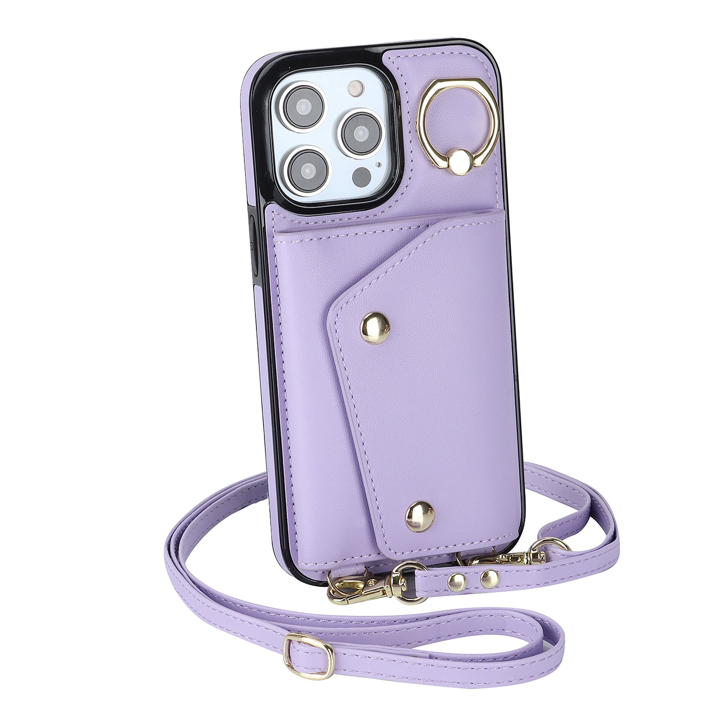For iPhone 13 Pro Zipper Wallet Phone Cover PU Leather Coated TPU Phone Case with Ring Holder Kickstand