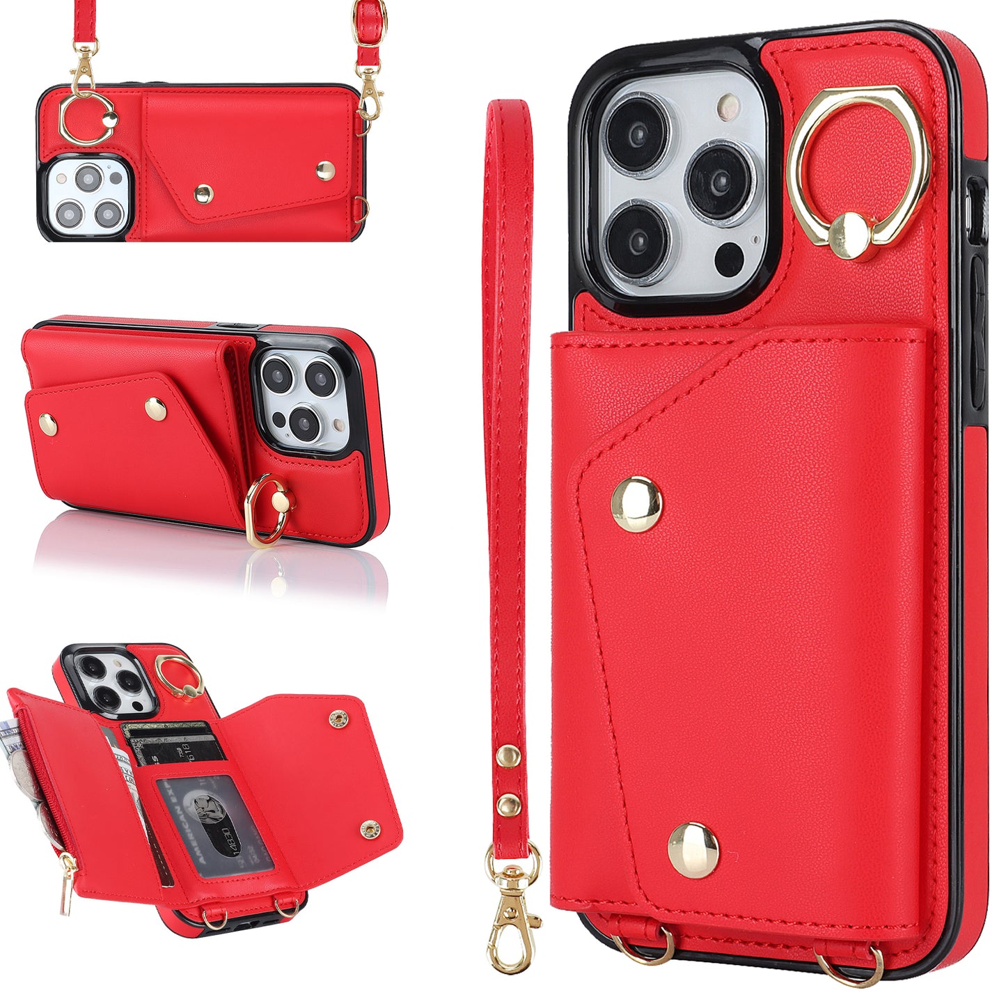 For iPhone 13 Pro Zipper Wallet Phone Cover PU Leather Coated TPU Phone Case with Ring Holder Kickstand