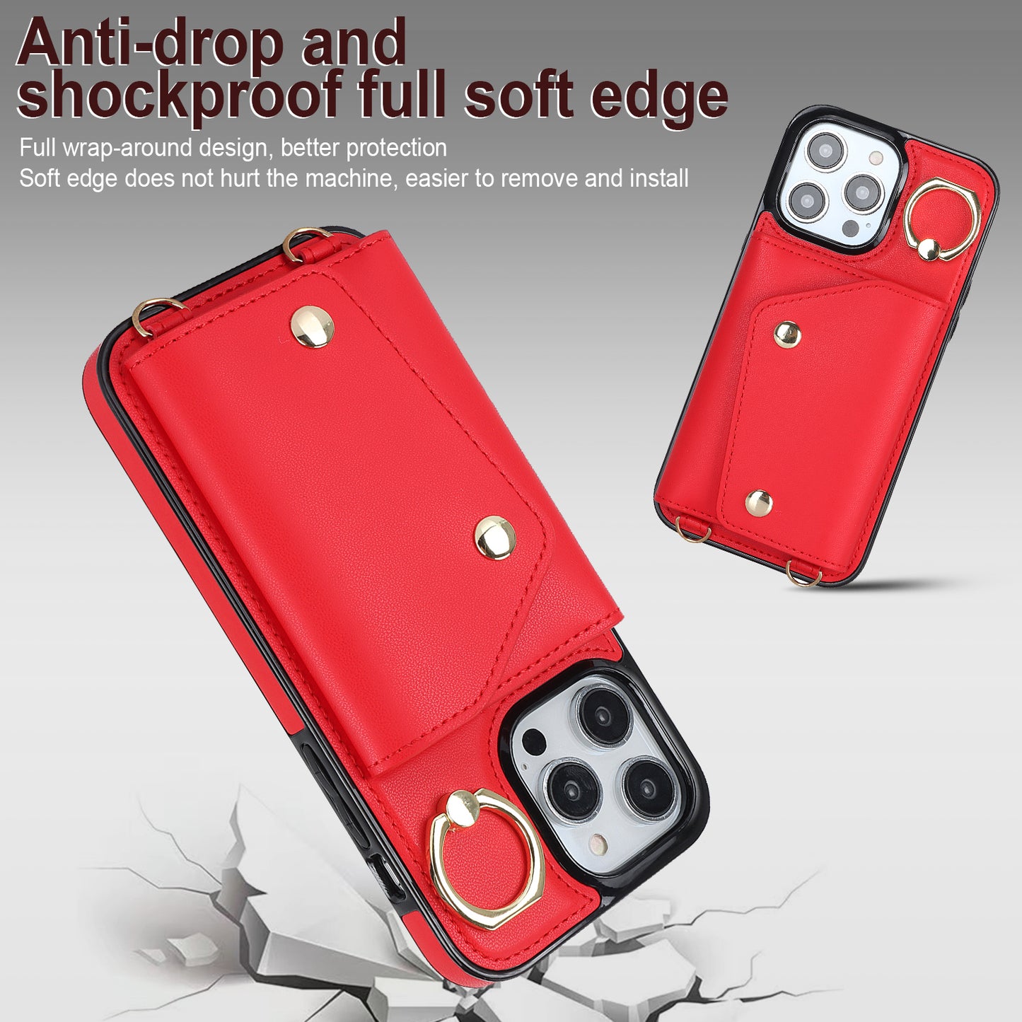 For iPhone 13 Pro Zipper Wallet Phone Cover PU Leather Coated TPU Phone Case with Ring Holder Kickstand