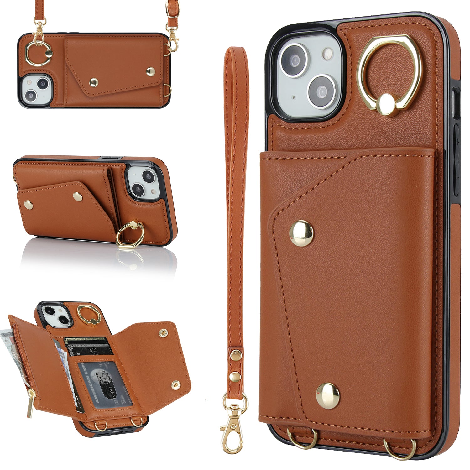 Ring Kickstand Case for iPhone 14 Plus Zipper Wallet PU Leather Coated TPU Mobile Phone Cover