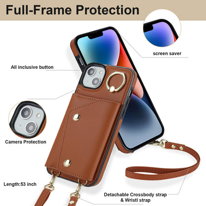 Ring Kickstand Case for iPhone 14 Plus Zipper Wallet PU Leather Coated TPU Mobile Phone Cover