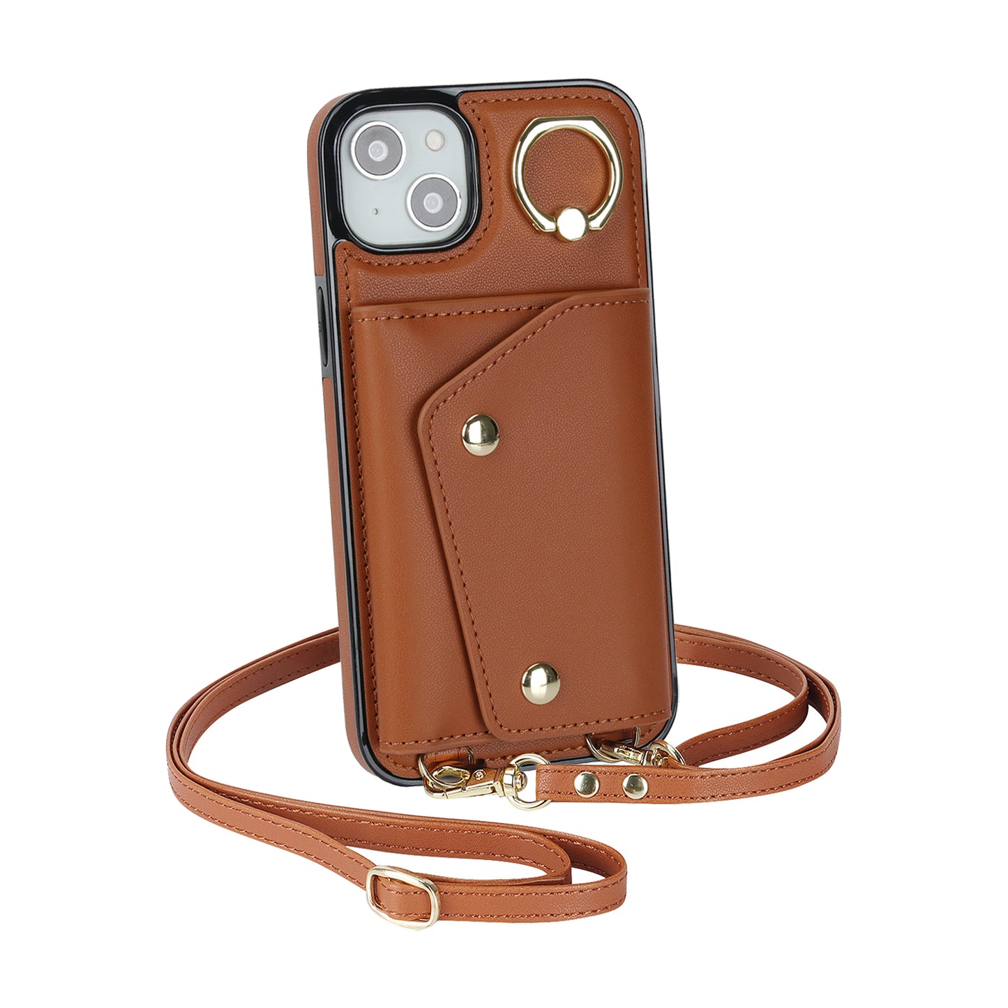 Ring Kickstand Case for iPhone 14 Plus Zipper Wallet PU Leather Coated TPU Mobile Phone Cover