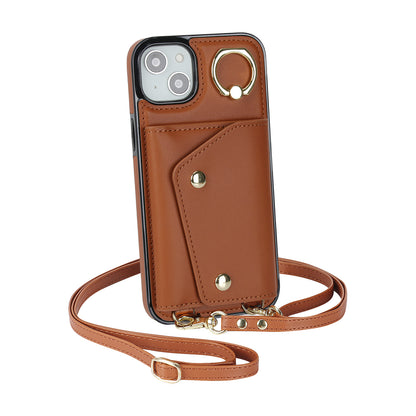 Ring Kickstand Case for iPhone 14 Plus Zipper Wallet PU Leather Coated TPU Mobile Phone Cover