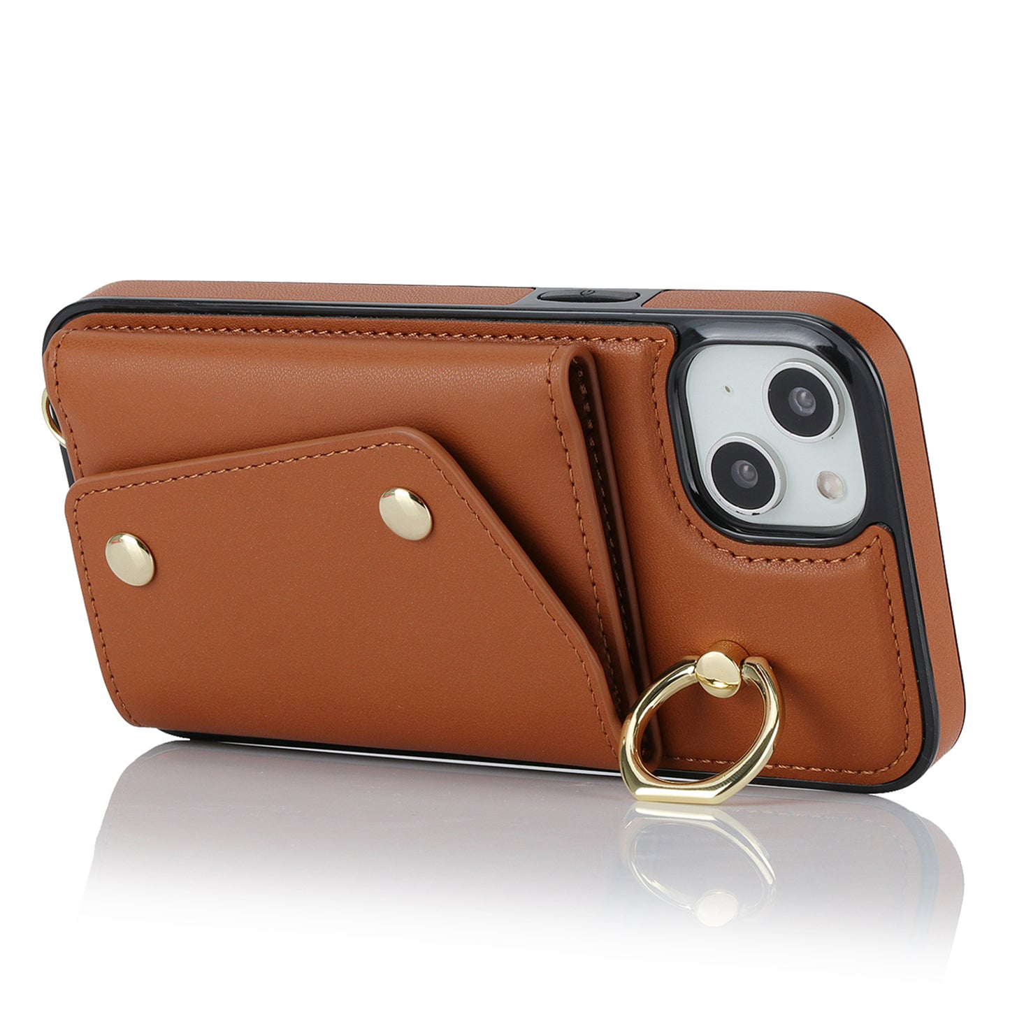 Ring Kickstand Case for iPhone 14 Plus Zipper Wallet PU Leather Coated TPU Mobile Phone Cover