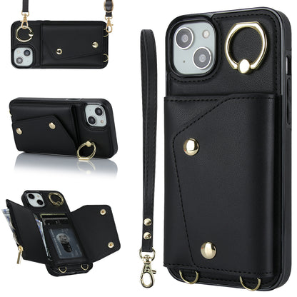 Ring Kickstand Case for iPhone 14 Plus Zipper Wallet PU Leather Coated TPU Mobile Phone Cover
