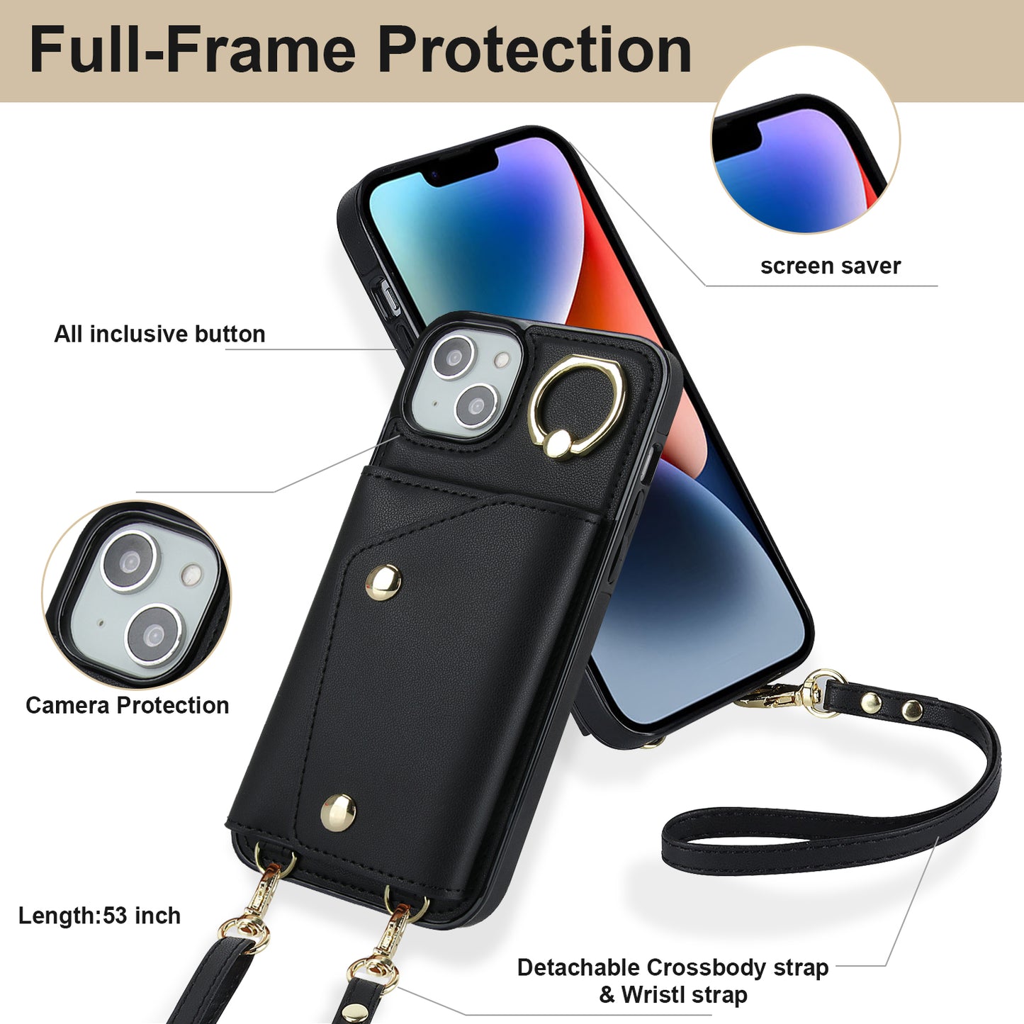 Ring Kickstand Case for iPhone 14 Plus Zipper Wallet PU Leather Coated TPU Mobile Phone Cover