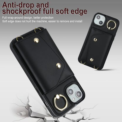 Ring Kickstand Case for iPhone 14 Plus Zipper Wallet PU Leather Coated TPU Mobile Phone Cover