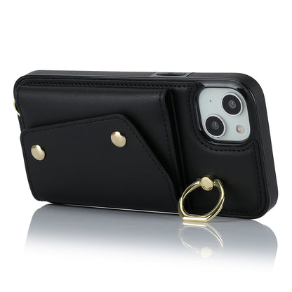 Ring Kickstand Case for iPhone 14 Plus Zipper Wallet PU Leather Coated TPU Mobile Phone Cover