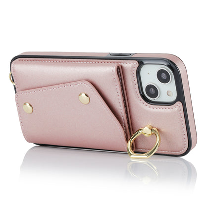 Ring Kickstand Case for iPhone 14 Plus Zipper Wallet PU Leather Coated TPU Mobile Phone Cover