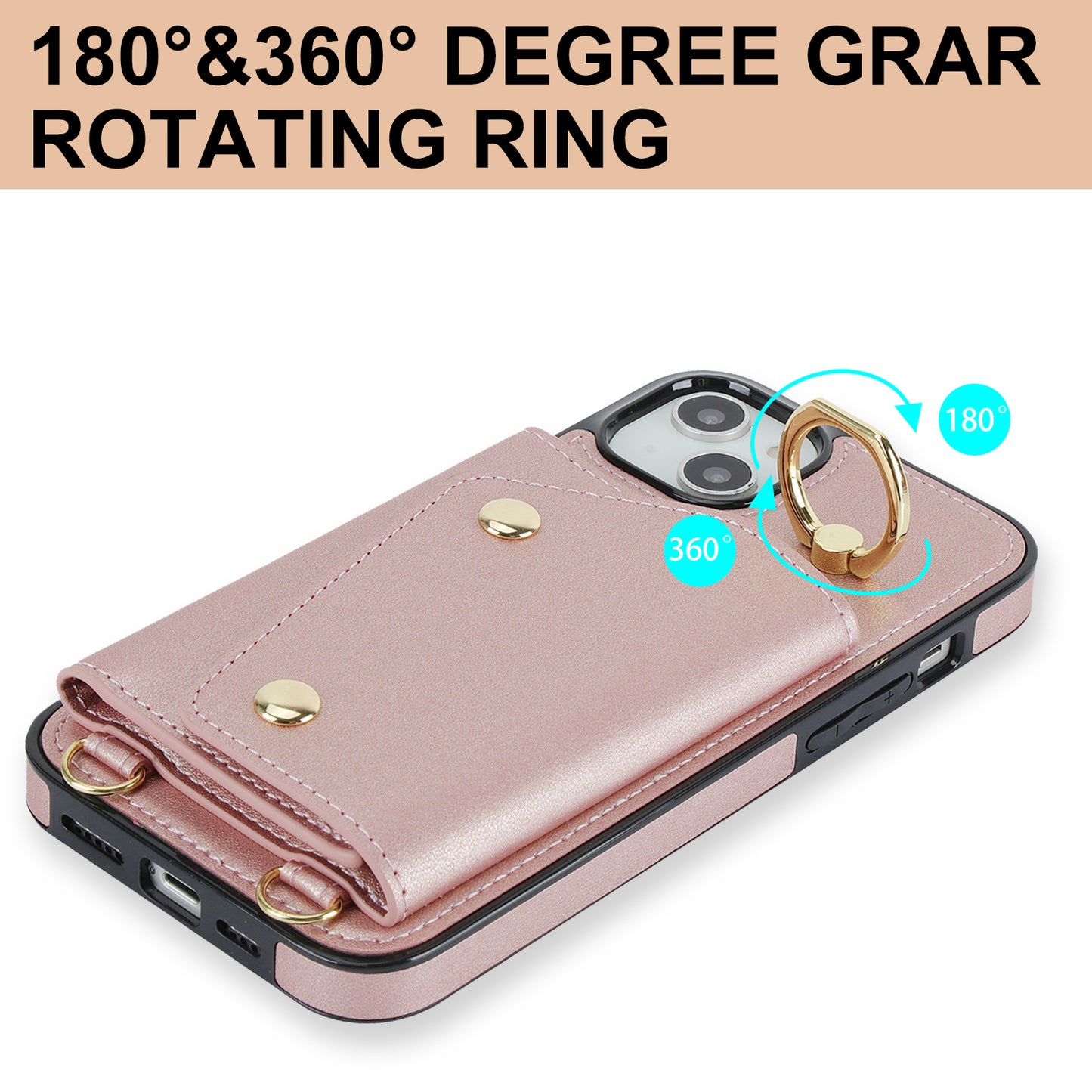 Ring Kickstand Case for iPhone 14 Plus Zipper Wallet PU Leather Coated TPU Mobile Phone Cover