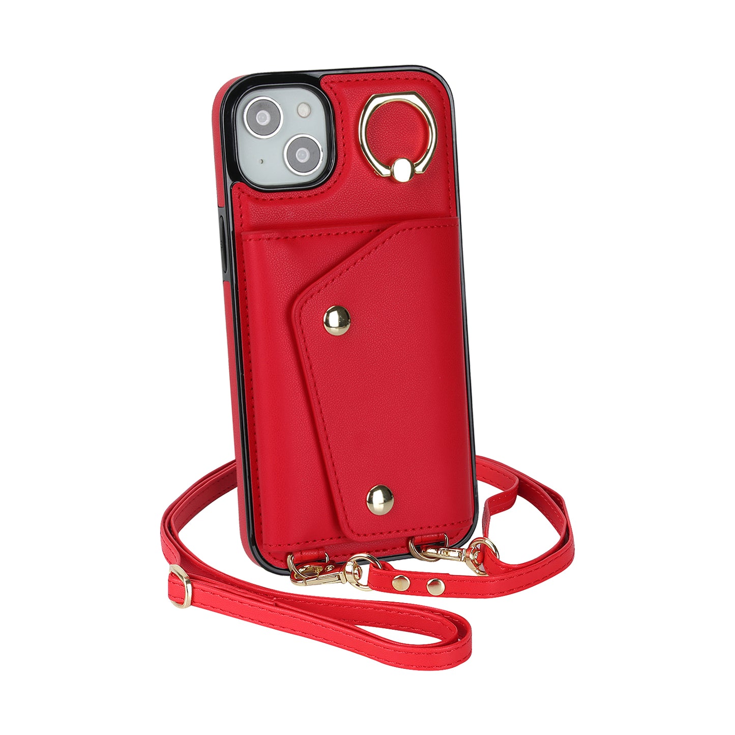 Ring Kickstand Case for iPhone 14 Plus Zipper Wallet PU Leather Coated TPU Mobile Phone Cover