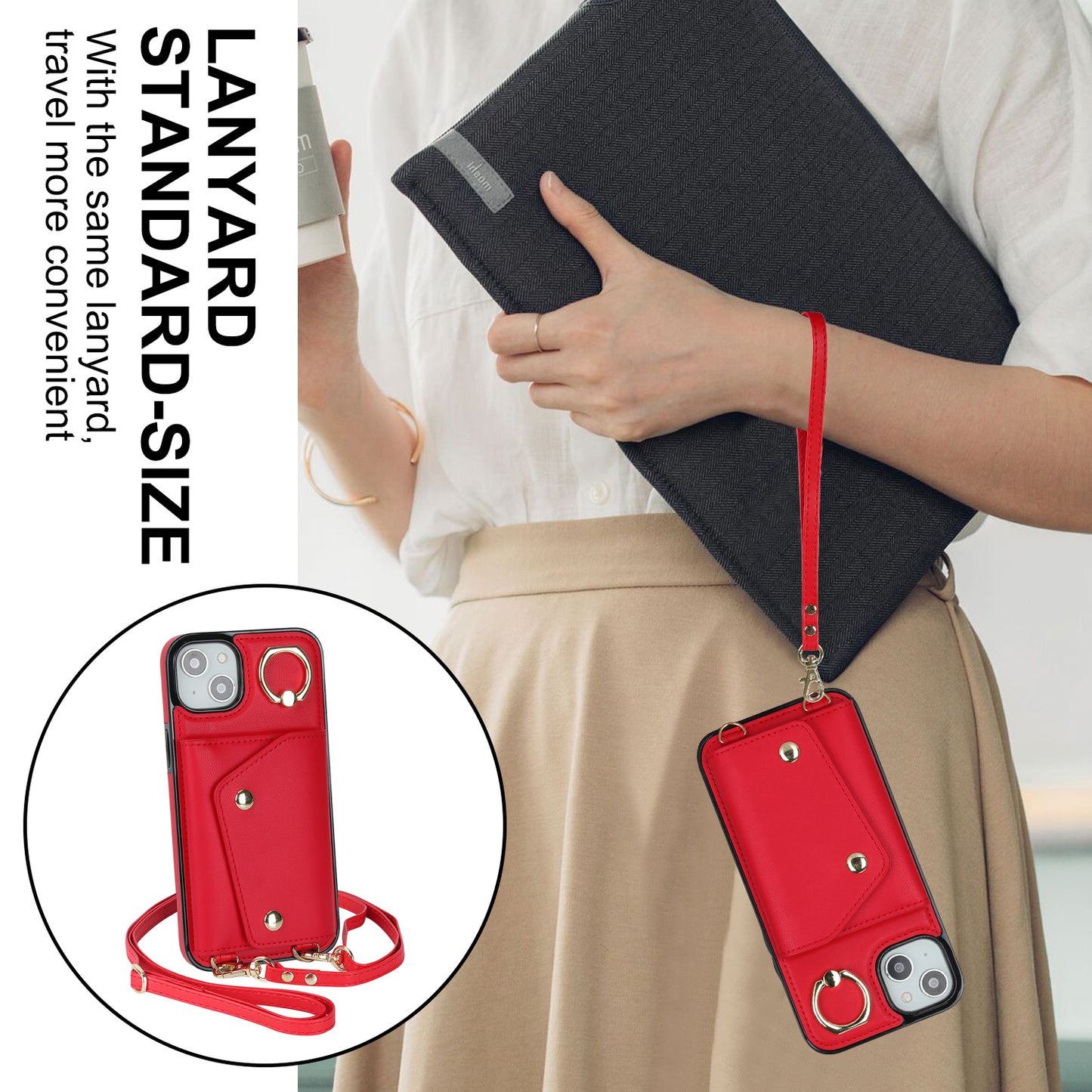 Ring Kickstand Case for iPhone 14 Plus Zipper Wallet PU Leather Coated TPU Mobile Phone Cover