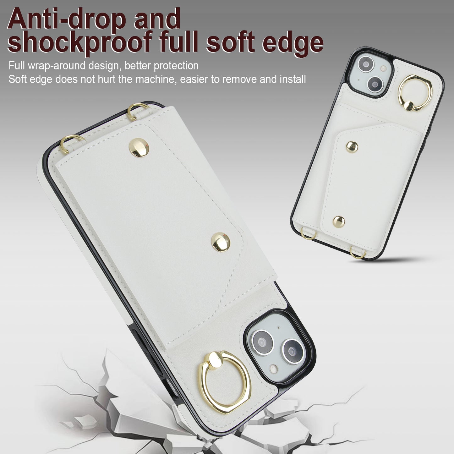 Ring Kickstand Case for iPhone 14 Plus Zipper Wallet PU Leather Coated TPU Mobile Phone Cover