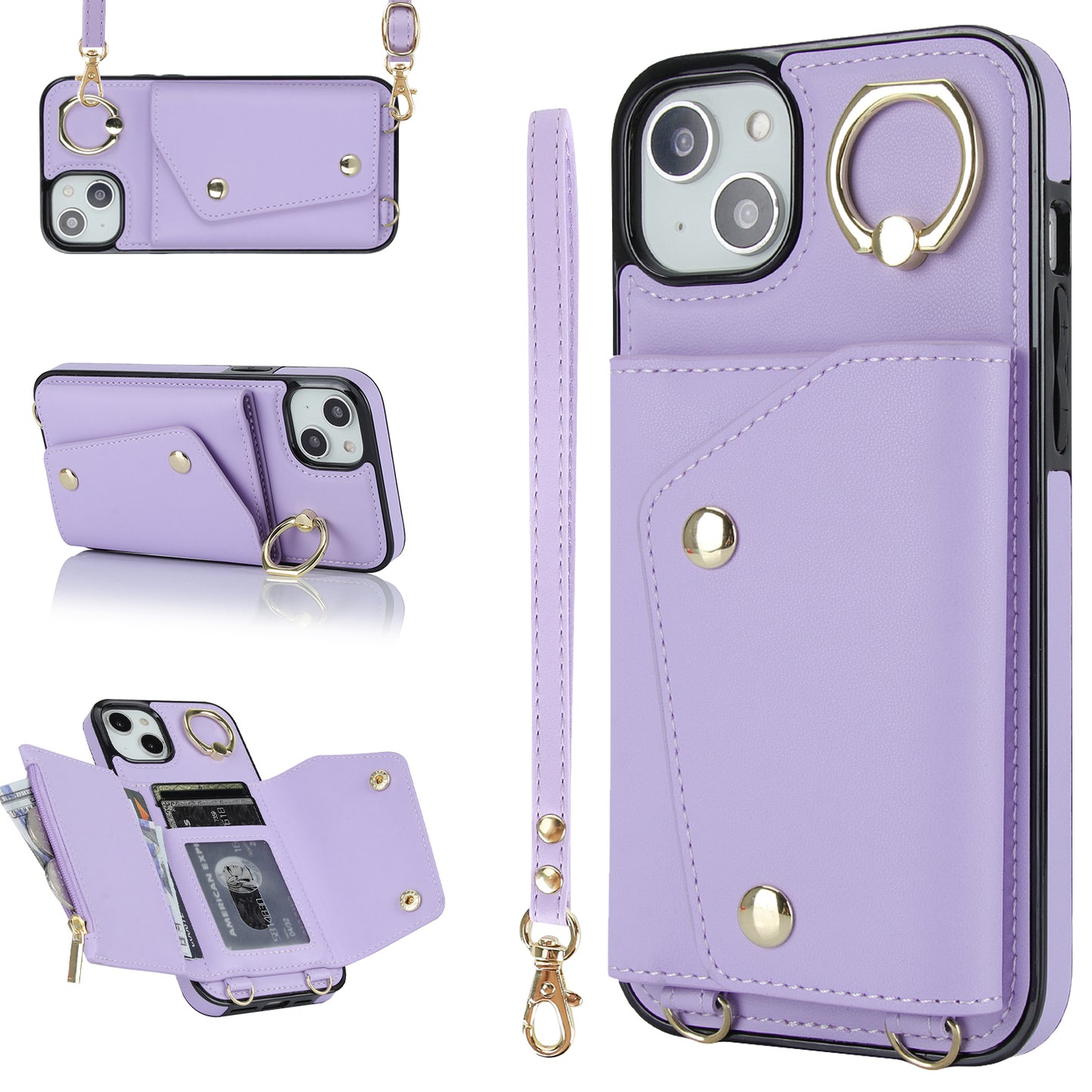 Ring Kickstand Case for iPhone 14 Plus Zipper Wallet PU Leather Coated TPU Mobile Phone Cover