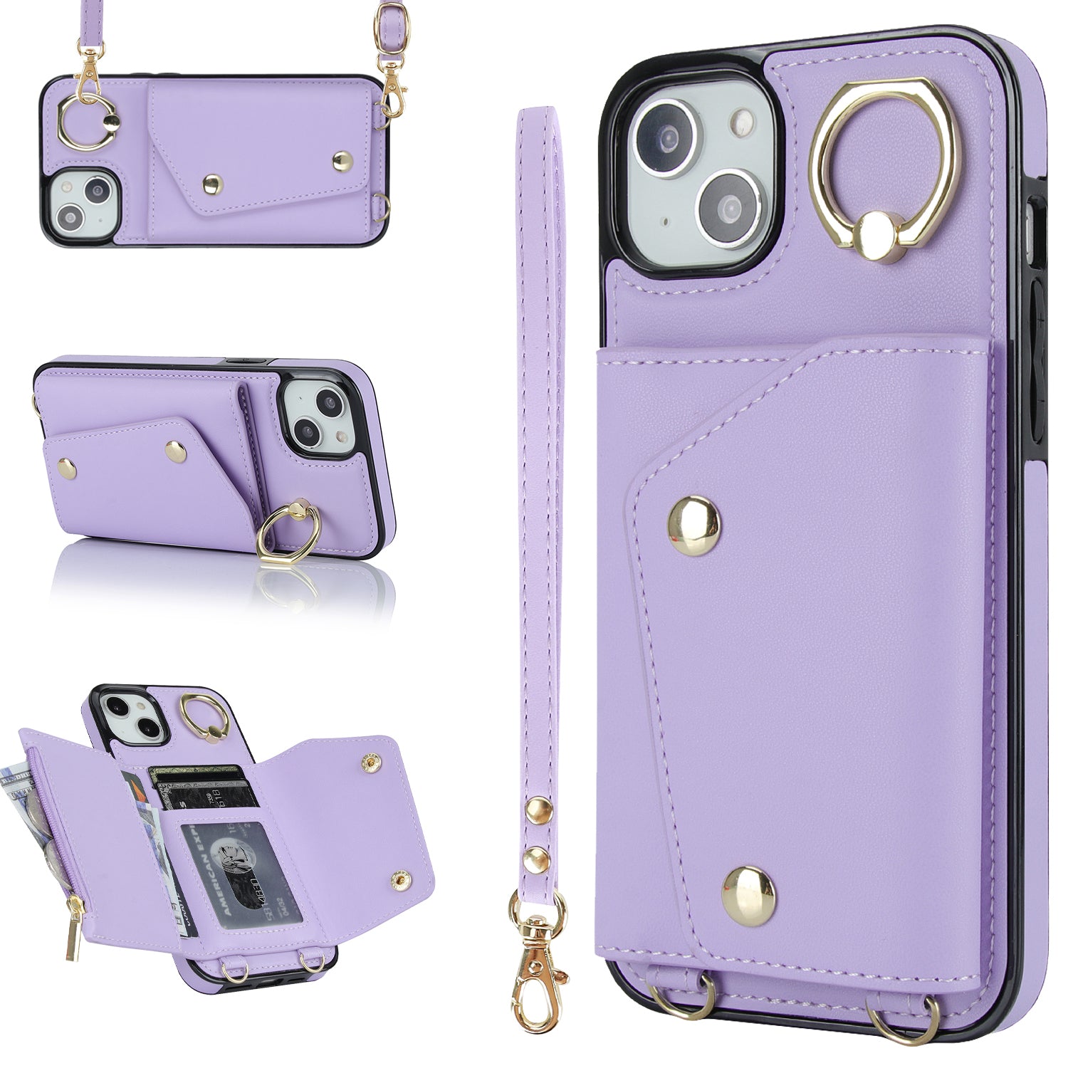 Ring Kickstand Case for iPhone 14 Plus Zipper Wallet PU Leather Coated TPU Mobile Phone Cover