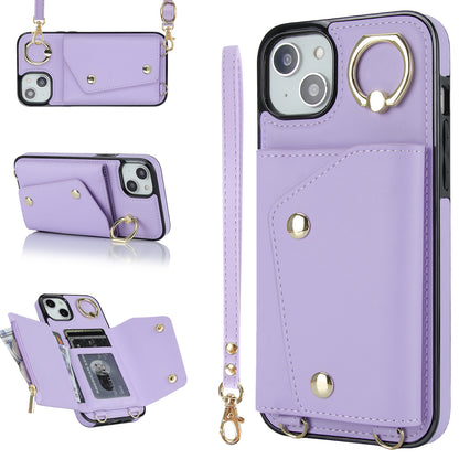 Ring Kickstand Case for iPhone 14 Plus Zipper Wallet PU Leather Coated TPU Mobile Phone Cover