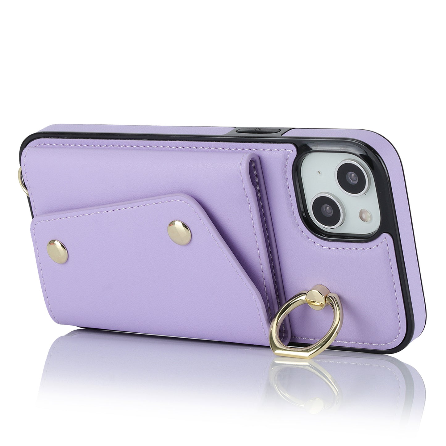 Ring Kickstand Case for iPhone 14 Plus Zipper Wallet PU Leather Coated TPU Mobile Phone Cover