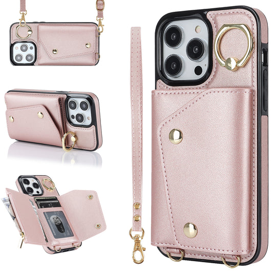For iPhone 14 Pro Max Zipper Wallet PU Leather Coated TPU Phone Case Ring Kickstand Smartphone Cover