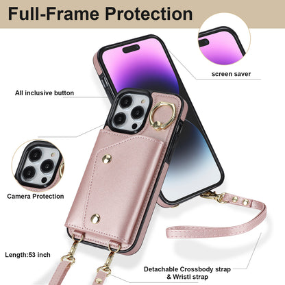 For iPhone 14 Pro Max Zipper Wallet PU Leather Coated TPU Phone Case Ring Kickstand Smartphone Cover