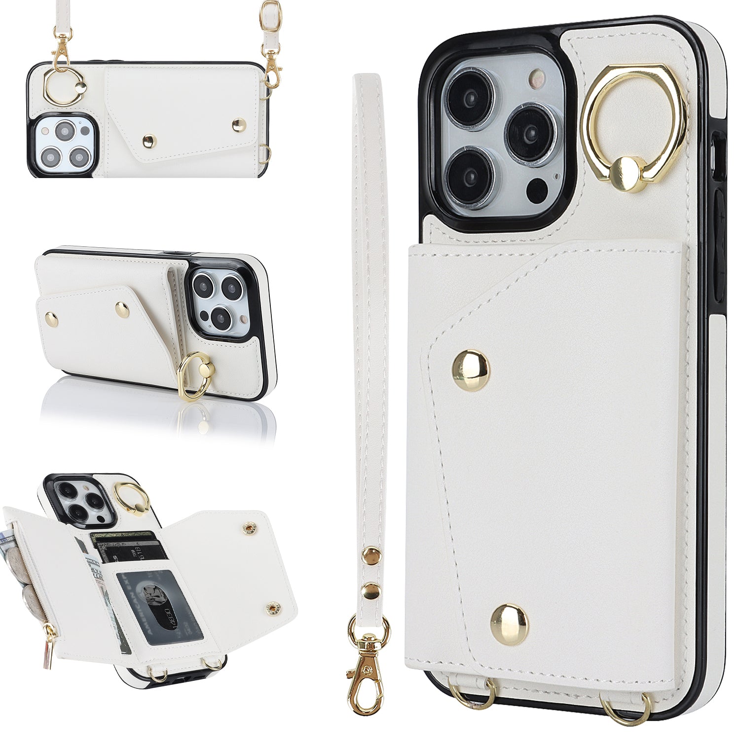 For iPhone 14 Pro Max Zipper Wallet PU Leather Coated TPU Phone Case Ring Kickstand Smartphone Cover