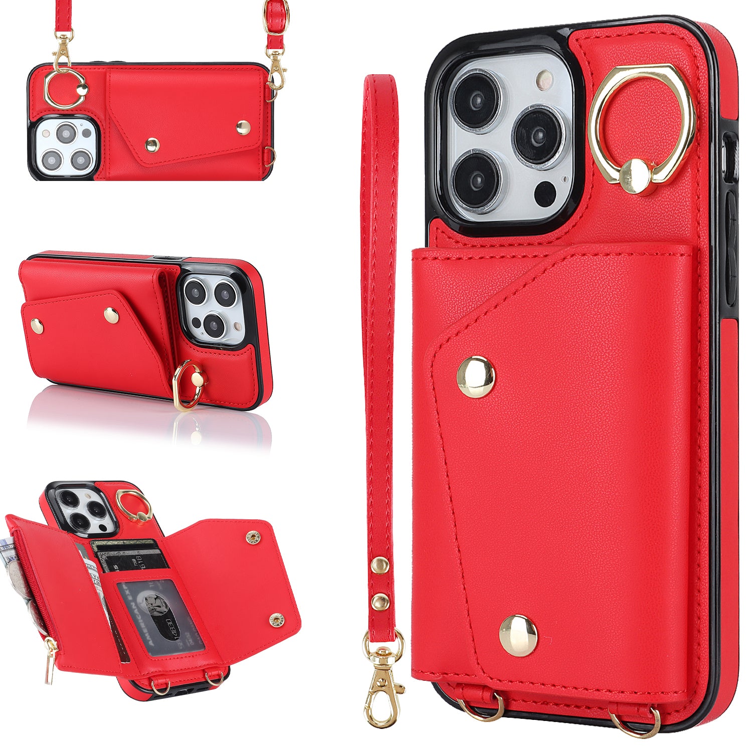 For iPhone 14 Pro Max Zipper Wallet PU Leather Coated TPU Phone Case Ring Kickstand Smartphone Cover