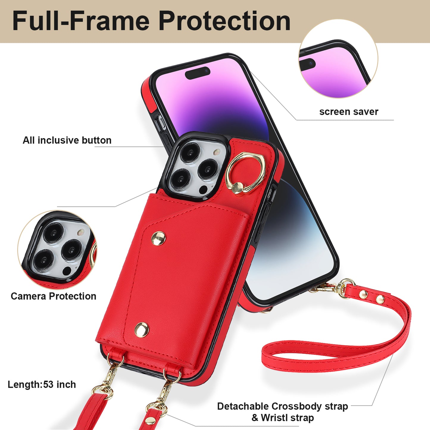 For iPhone 14 Pro Max Zipper Wallet PU Leather Coated TPU Phone Case Ring Kickstand Smartphone Cover