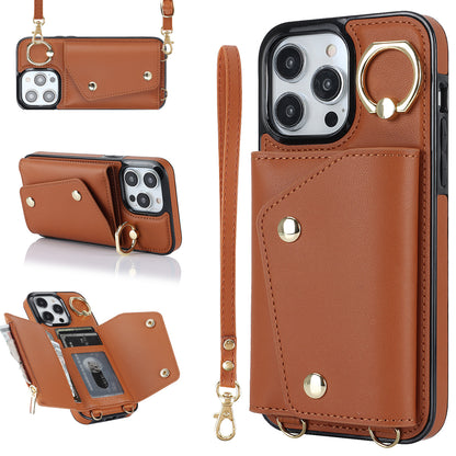 For iPhone 14 Pro Max Zipper Wallet PU Leather Coated TPU Phone Case Ring Kickstand Smartphone Cover