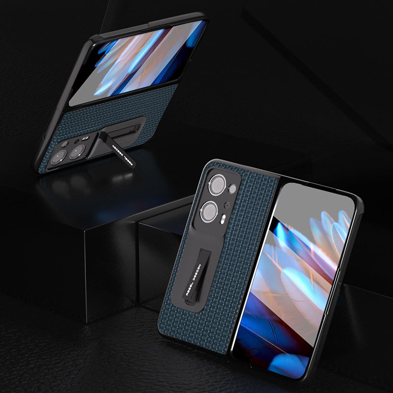 ABEEL For Oppo Find N2 5G Cowhide Leather+PC Back Cover Kickstand Phone Case with Tempered Glass Film