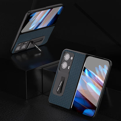 ABEEL For Oppo Find N2 5G Cowhide Leather+PC Back Cover Kickstand Phone Case with Tempered Glass Film