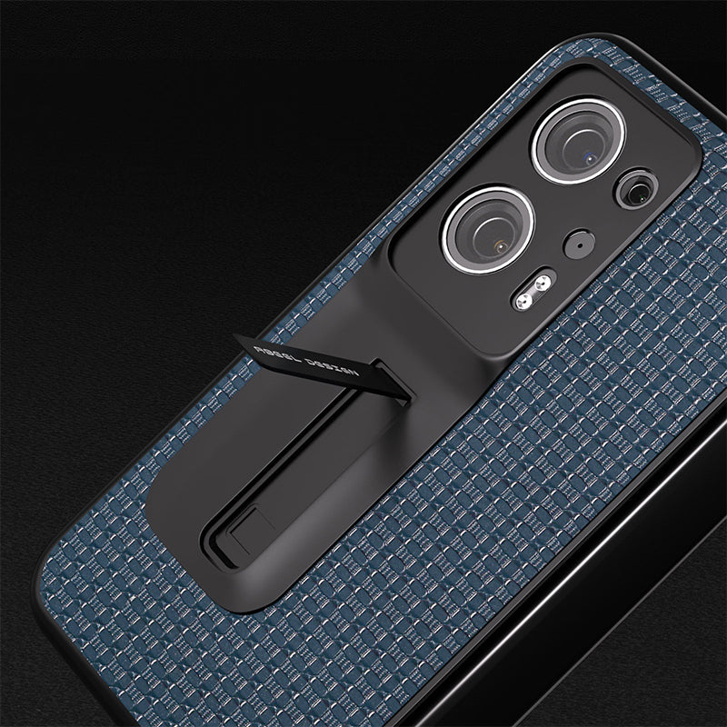 ABEEL For Oppo Find N2 5G Cowhide Leather+PC Back Cover Kickstand Phone Case with Tempered Glass Film