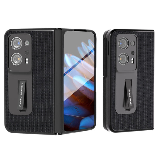 ABEEL For Oppo Find N2 5G Cowhide Leather+PC Back Cover Kickstand Phone Case with Tempered Glass Film