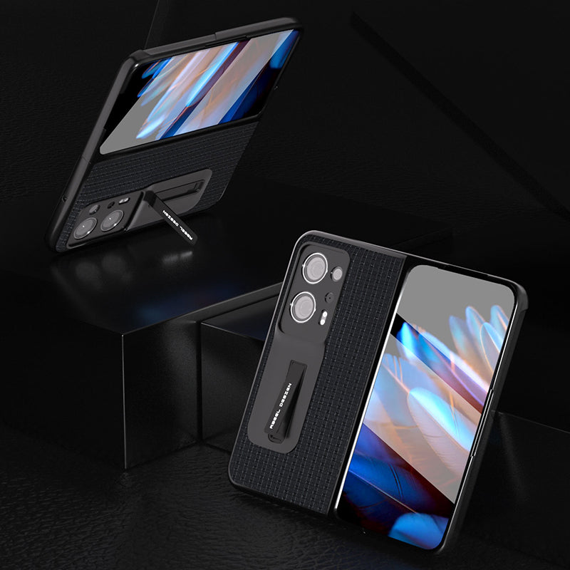 ABEEL For Oppo Find N2 5G Cowhide Leather+PC Back Cover Kickstand Phone Case with Tempered Glass Film